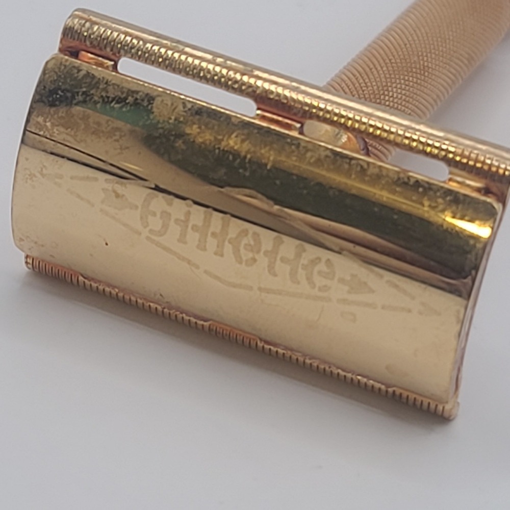 Vintage Gillette Tech Gold Tone Safety Razor Ball End Handle 3" USA Shave Etched